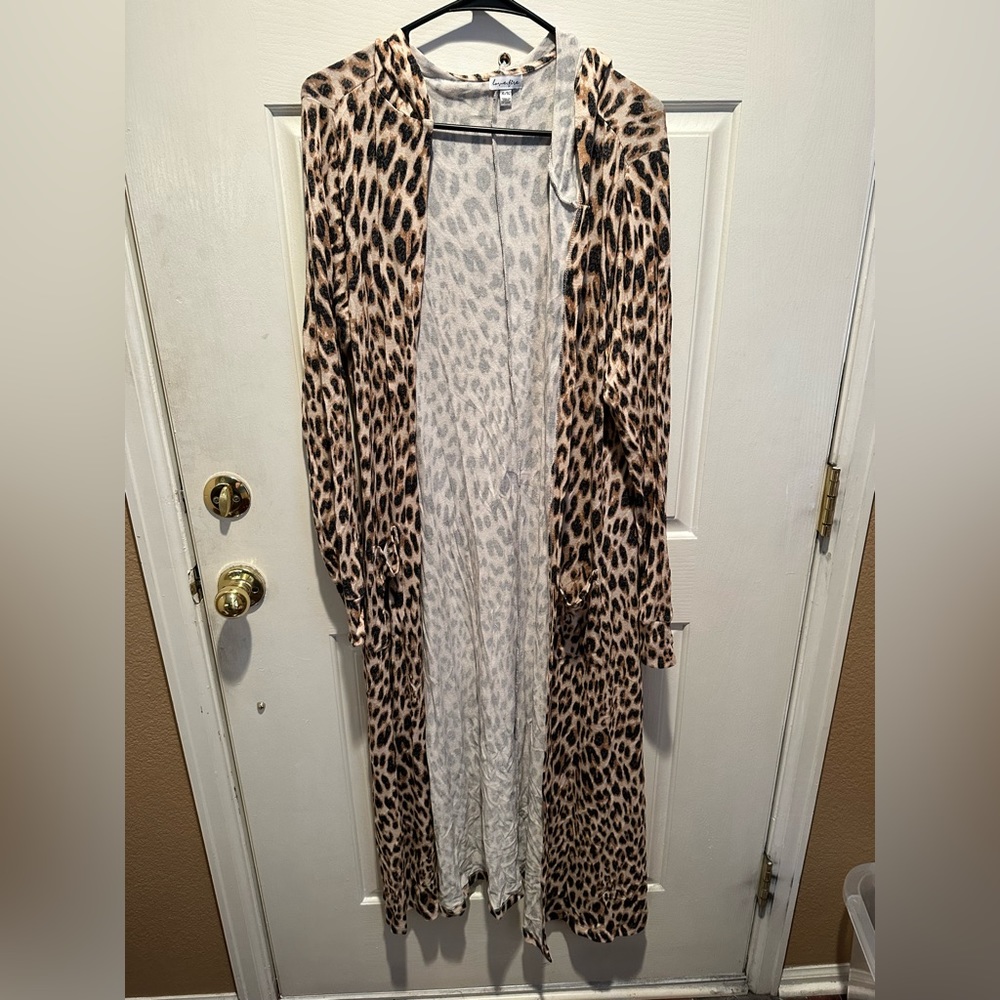 Leopard long duster cardigan with hood and pockets